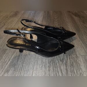New Madden Girl Glossy Black Slingback Vogue Kitten Heels Pointy Toes, Sz 7